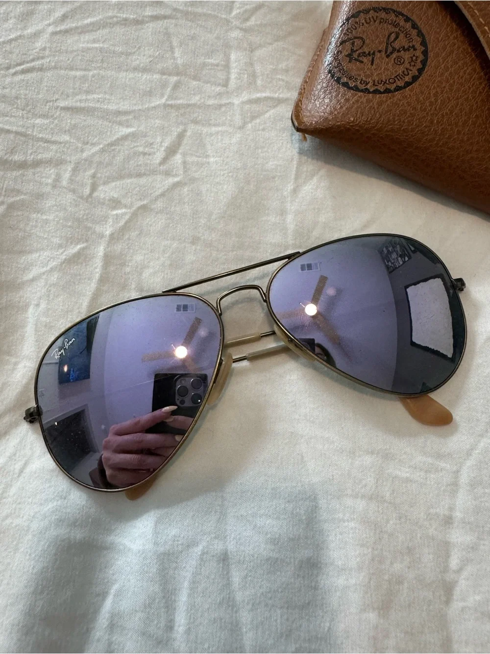 Ray-Ban Purple Tinted Aviator Shades with Brown Leather Sunglasses Pouch
